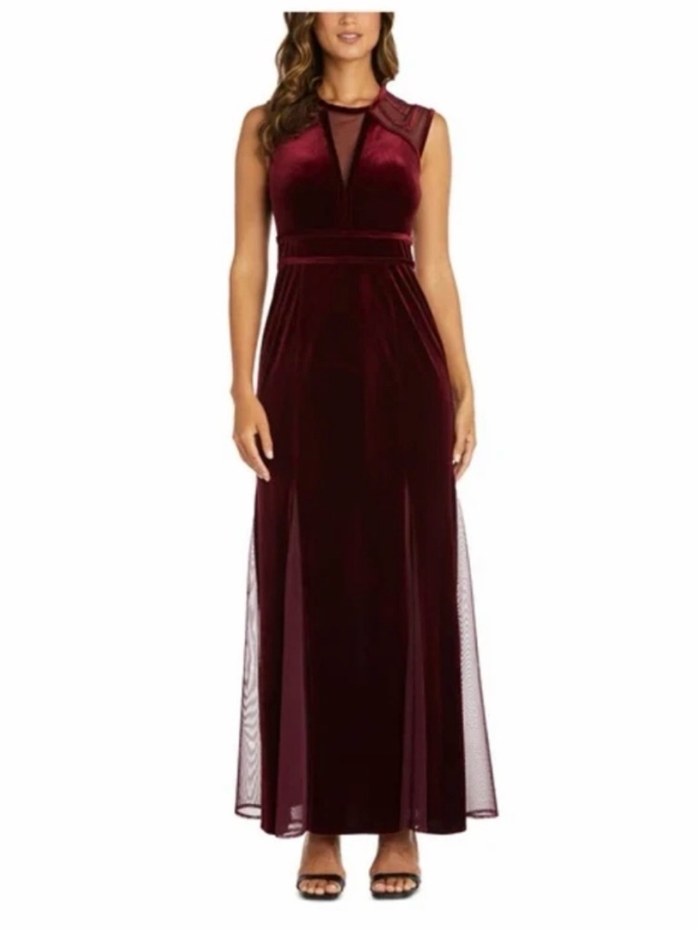 Sleeveless Velvet Mesh Evening Gown in Burgundy
